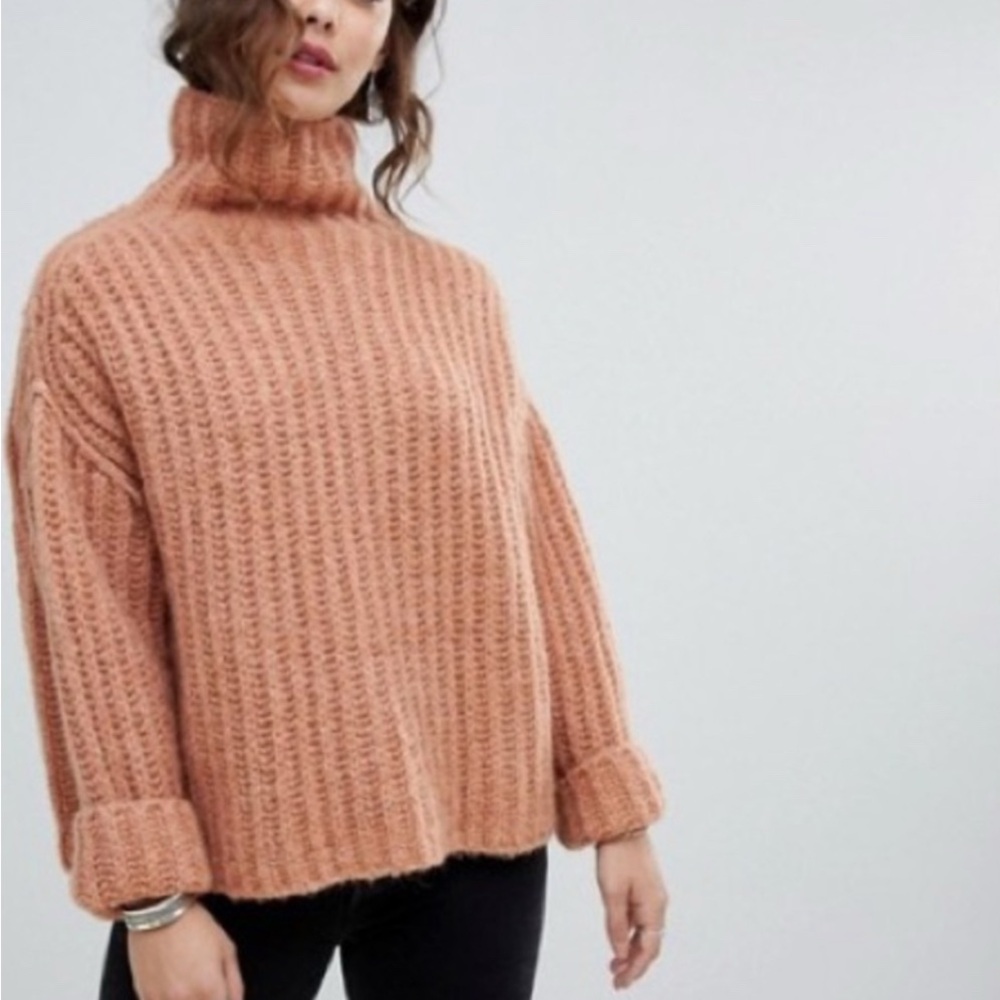 Free People Brown Cowl Neck Sweater with Chunky Knit